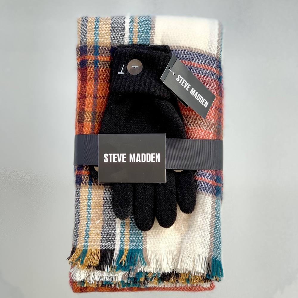 Steve Madden Black Touchscreen Gloves and Red Plaid Blanket Scarf Gift Set